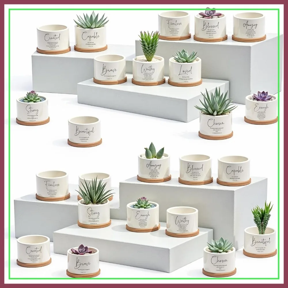 

24 Christian Succulent Pots with Tray, 12 Bible Verse Quotes, 3x2 Inch Mini Ceramic Planters for Church Gifts