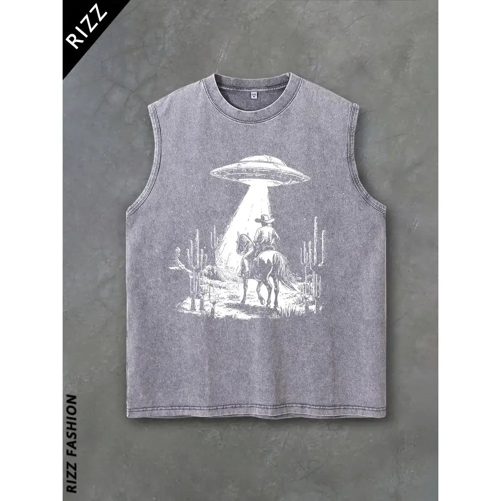 Western Cow Men'S Retro Street Style Front Printed Washed Vest Top Fabric Weight 230 Summer Suitable For Leisure Sports Wear.