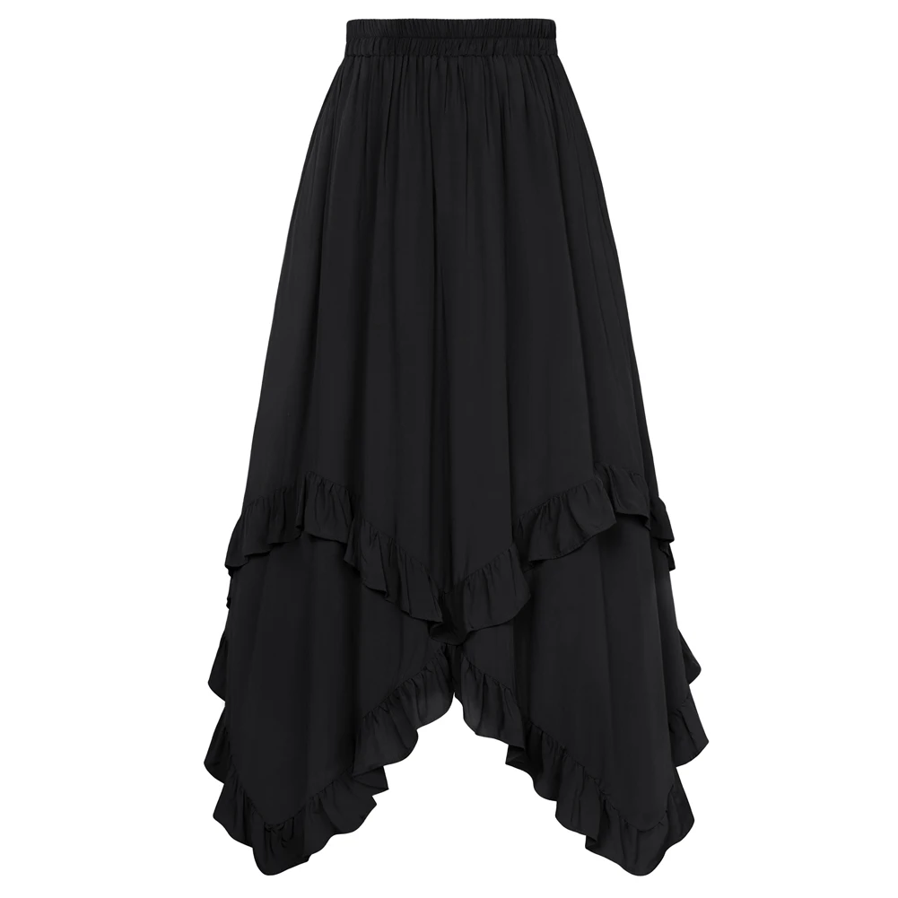 SD Women Skirts Vintage Renaissance High Waisted Ruffled Edge Irregular Hem Swing Skirt Elastic Waist A-Line Maxi Skirt