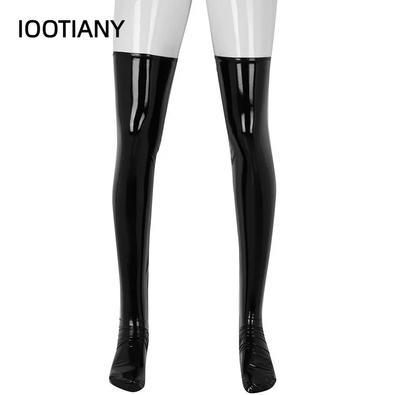 HOT Sexy Night Club Latex Stockings Ladies Black Faux Leather Thigh High Medias Women\'s Long Stockings Plus Size Over Knee Socks