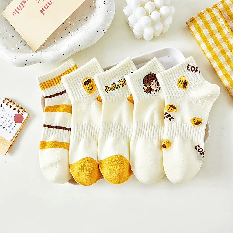 Chaussettes courtes rayées en coton pour femmes, chaussettes courtes de rinçage, chaussettes de bateau courtes, chaussettes respirantes, dessin animé, fleur, mignon, printemps, été, 5 paires