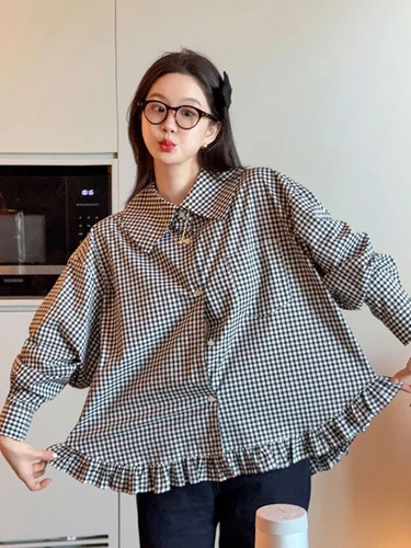 Imagen 2 del producto Camisa a cuadros negra Vintage para mujer, blusa holgada de manga larga de estilo pijo, Tops informales Retro bonitos que combinan con todo para mujer, novedad