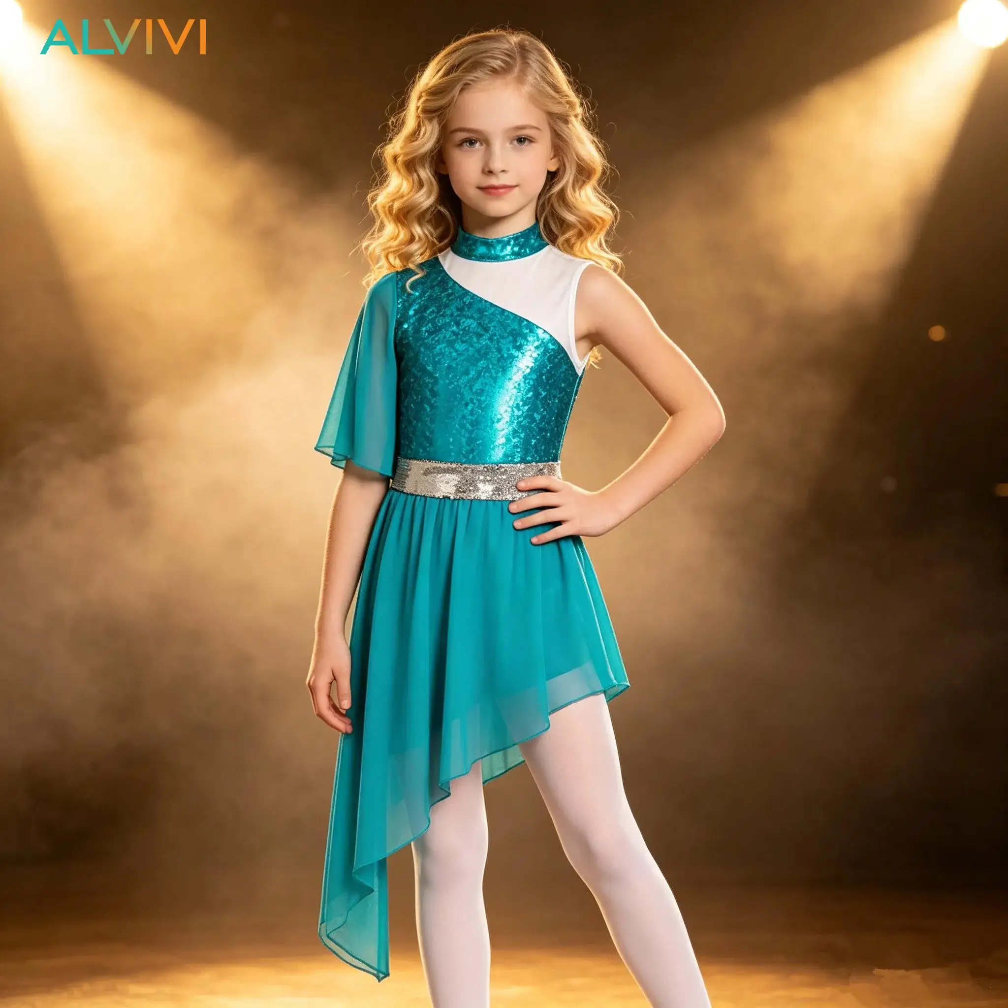 Kids Girls Modern Liturgical Praise Lyrical Dance Dress Dancewear One Flare Sleeve Sequin Waistband Asymmetrical Worship Costume