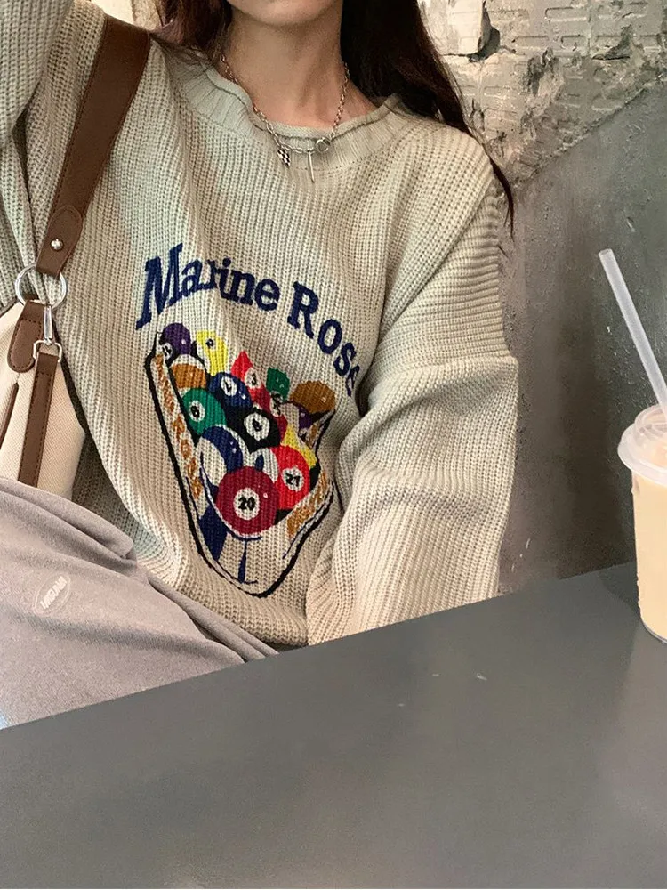 Pullover maglione da donna con isolamento termico per esterni Harajuku retrò con motivo a lettera a sfera piccola