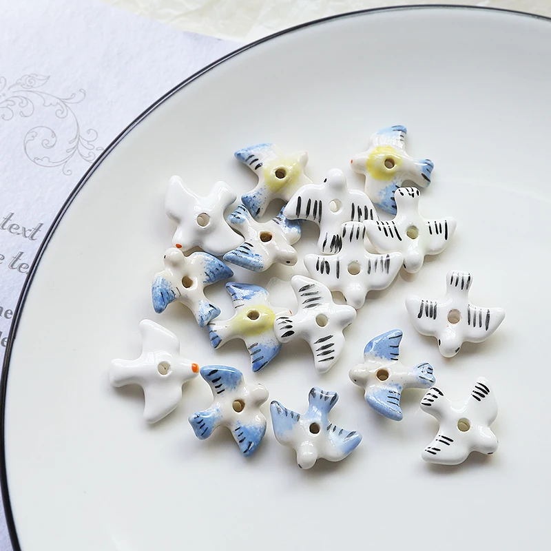 1pcs Fun Ceramic Hand-painted Wind Cute Swallow Perforated Beads Diy Handmade Jewelry Earrings Ornaments Bracelet Accessories