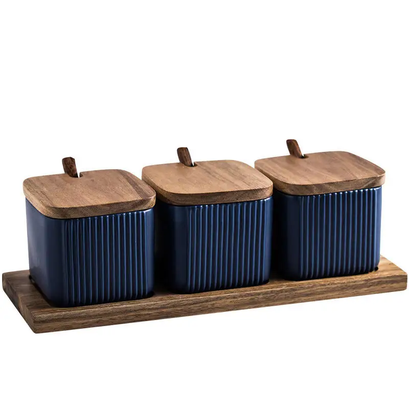 Custom Square Candy Piece Sugar Pepper Salt Ceramic Food Storage with Bamboo Lid Tray Seasoning Container Bottle Kitchen Jar Set