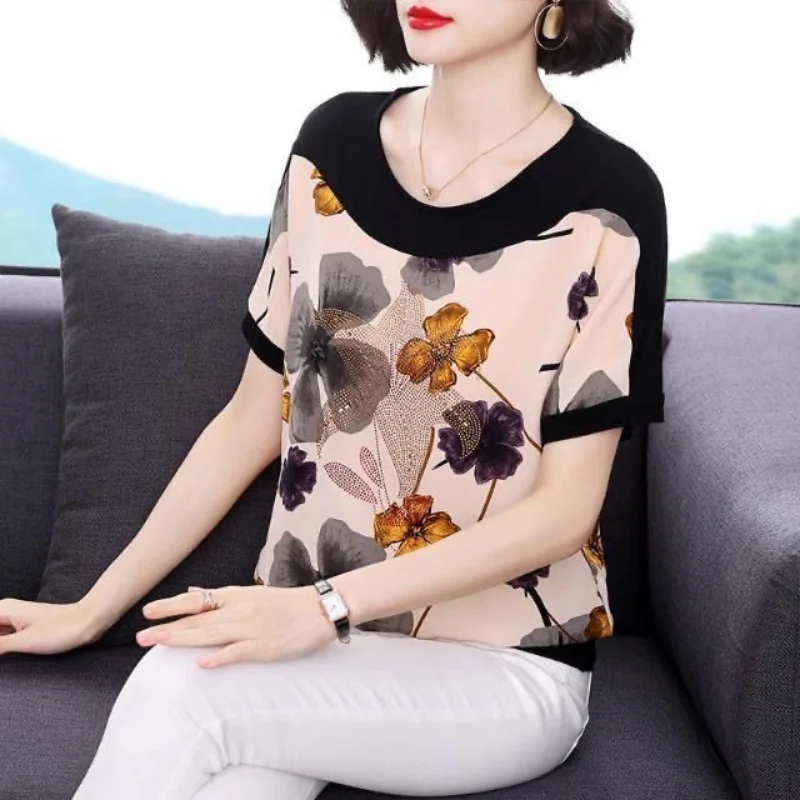 New Summer Women\'s Patchwork Contrast Color O-Neck Short Sleeve Loose Plus Size Pullovers Printed Diamonds Fashion Casual Tops