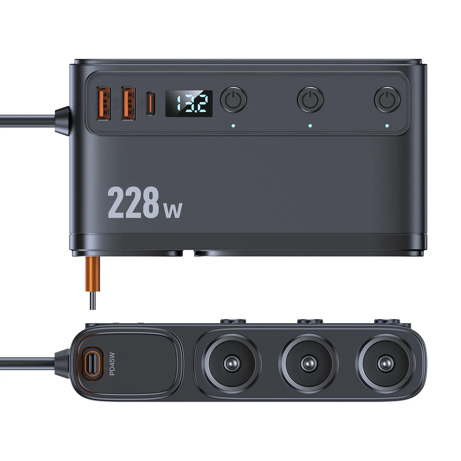 228W Car Charger Adapter 3-Socket Cigarette Lighter 3-Ports QC3.0 USB Charger with 65cm Stretchable PD Type-c Fast Charging