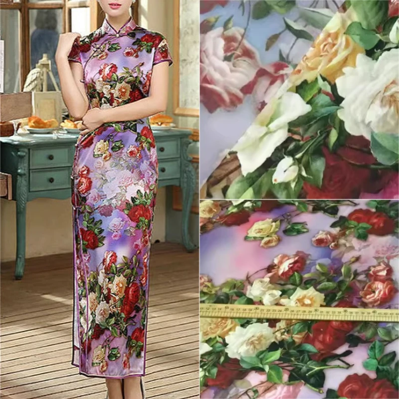 

1meter Rose Print Stretch Silk Fabric Mulberry Silk Breathable Shiny Material for Evening Gown Cheongsam Dress Making Decoration