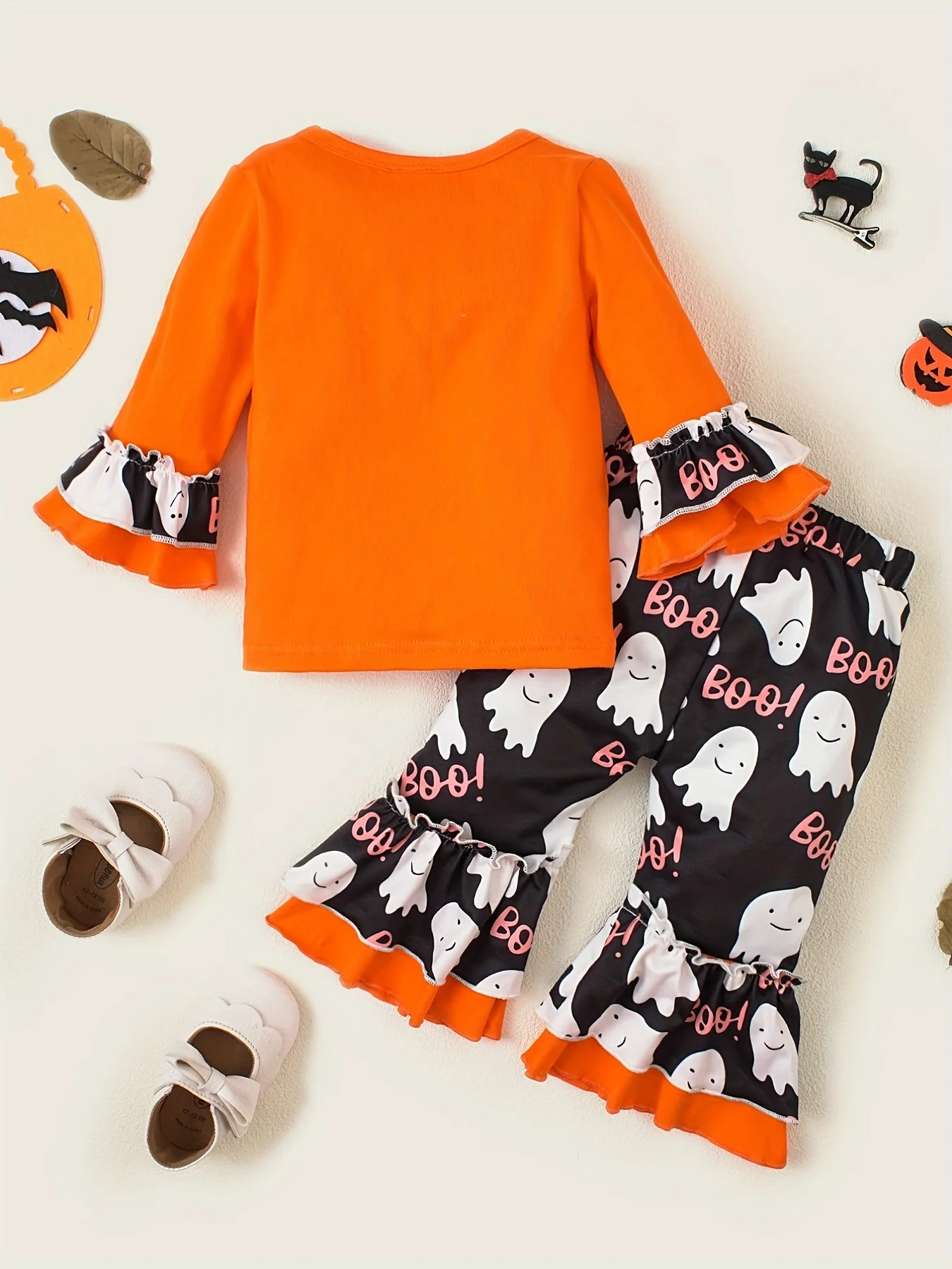 Baby Halloween Süßes Print-Set mit ausgestellten Ärmeln & ausgestellter Hose, 2-teiliges Set, Kleinkind-Party-Outfit mit langen Ärmeln – Detail 2