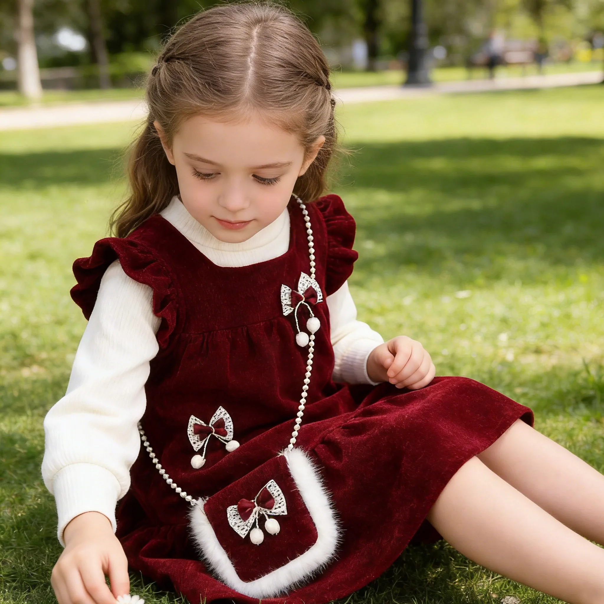 2026 Girls Spring Dress Sets NewYear red Dress+tops+bag 3pcs Sets for Girls, Children's Princess Dress 2-5years Birthday Party