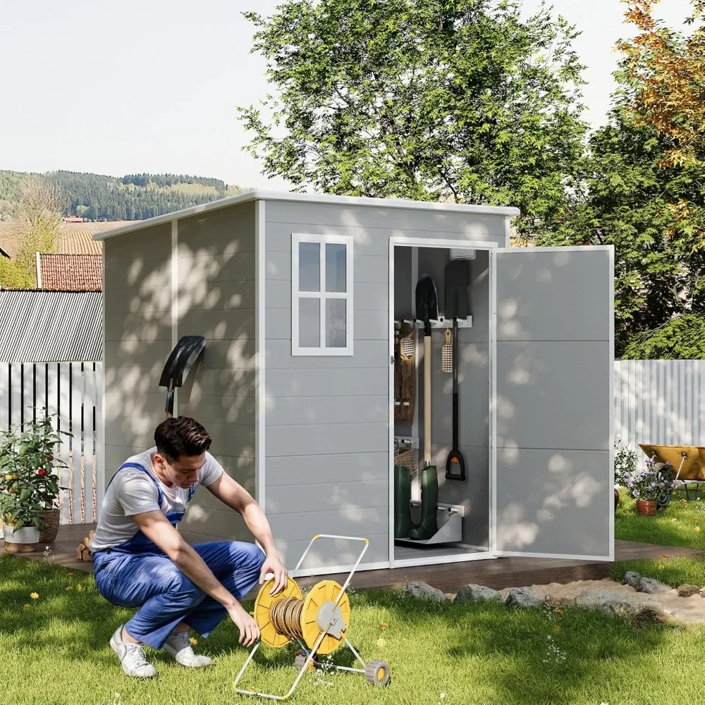 Outdoor Storage Shed 6 x 6 FT, Resin Garden Sheds Plastic Patio Outdoor Storage Lockable Door Tool, Bike, Garbage Can Gray