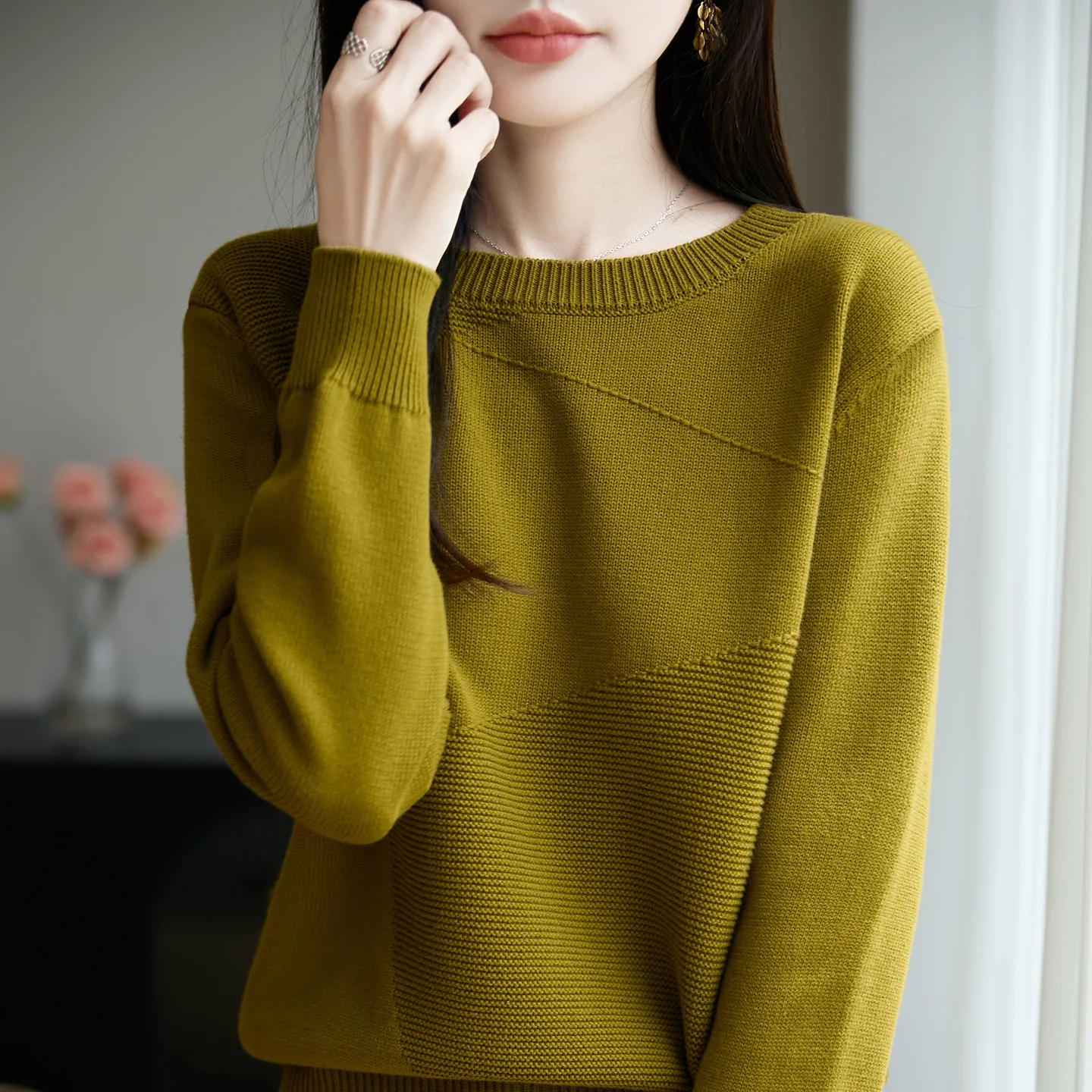 

Autumn and winter new women's 100% pure cotton sweater casual knitted round neck pullover loose and hot selling women's top