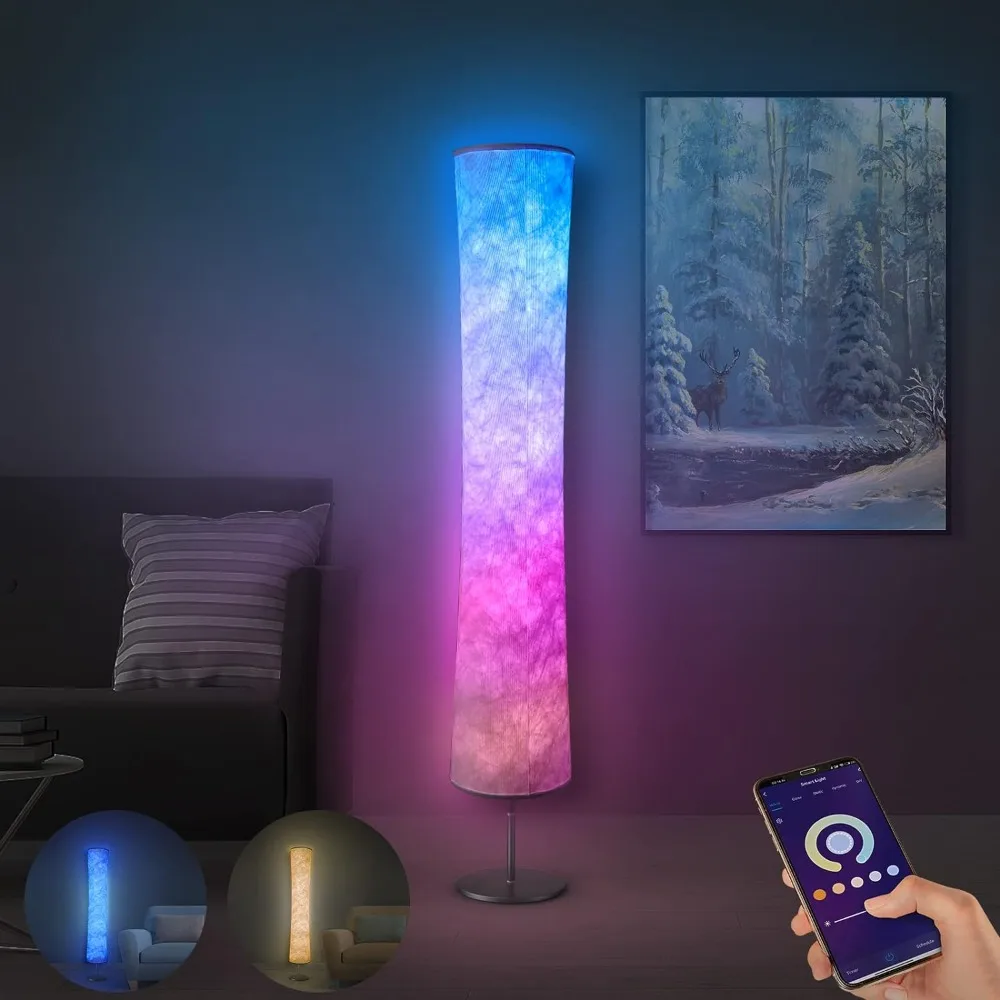 Modern Floor Lamp, RGB Color Changing Led Smart Lamp w/ Alexa APP Control, DIY Mode, Music Sync, White Fabric Shade for Bedroom