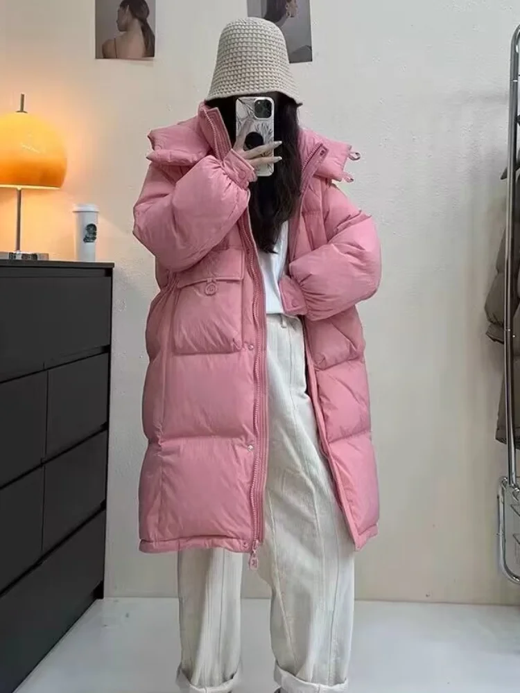 Women's Mid-length Down Hooded Jackets, Korean Casual Puffer Jacket Drawstring Warm Parka, Loose Thick Winter Coat, Female Coats