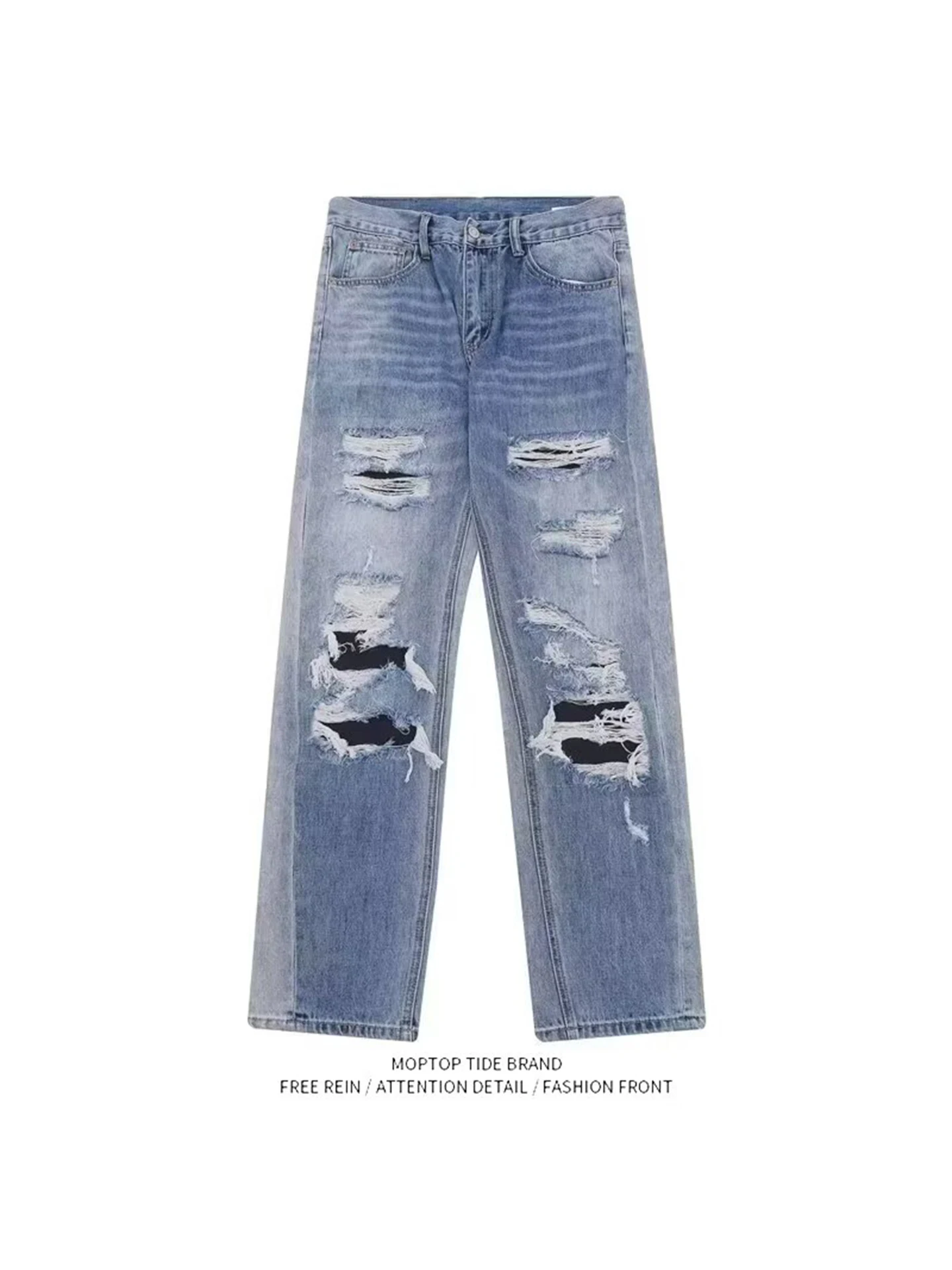 

American High Street Men's Jeans Trendy Straight Leg Long Pants Casual Street Sle Destroyed Denim Autumn Winter Faion