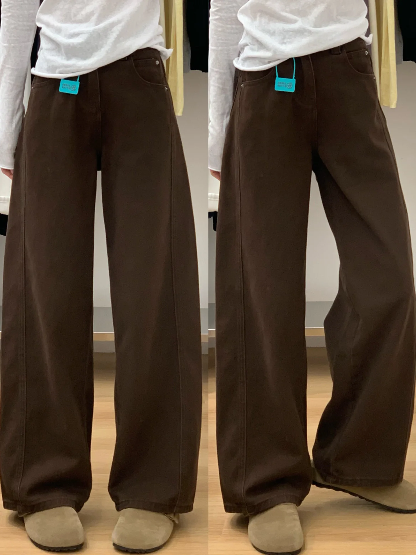 

Brown American Straight Leg Denim Jeans Women's Autumn New plus Size Pear ape Slimming Loose Wide Leg Pants High Waist