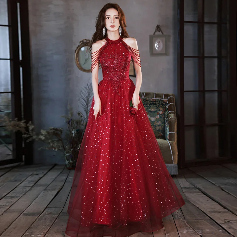 

DSP Customise Элегантные трапециевидные платья для выпускного вечера из тюля с круглым вырезом и бусинами Женские вечерние платья с открытыми плечами Вечернее платье макси