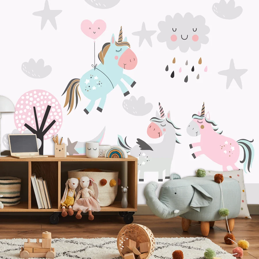 

Peel and Stick Removable Optional Cartoon Unicorn Wallpapers for Living Room Kids Baby Bedroom Wall Papers Home Decor TV Murals