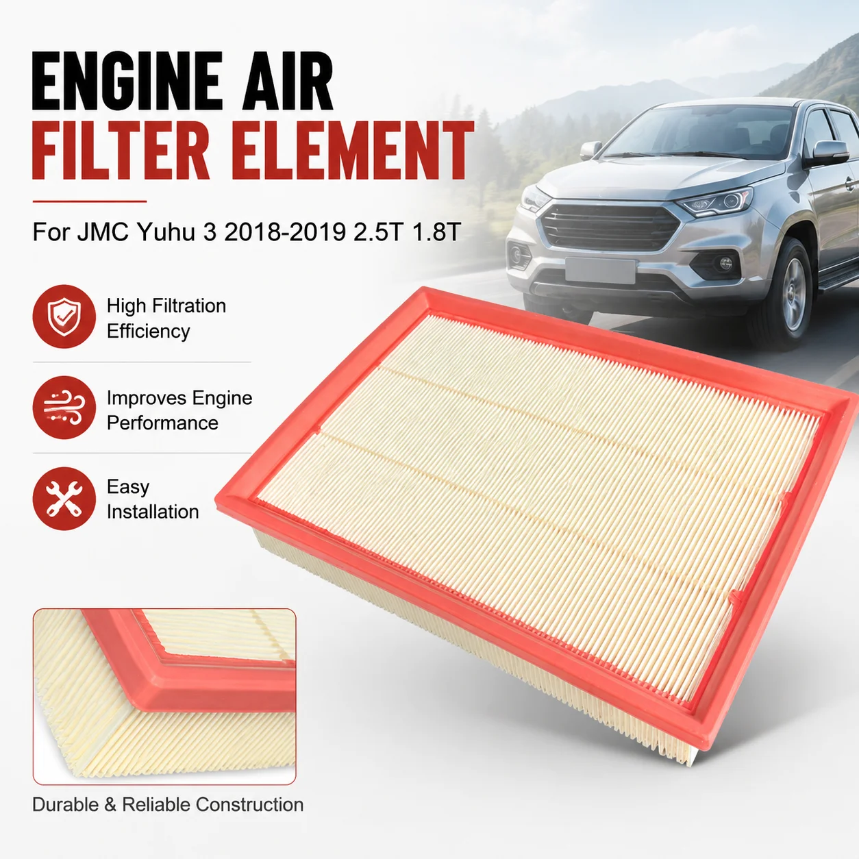 Elemento de filtro de aire de repuesto, duradero, fácil instalación, para JMC Yuhu 3 2018-2019 2.5T 1.8T, filtro para coche