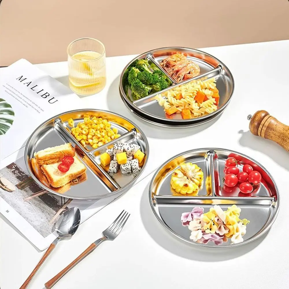 

Unbreakable Portion Control Plate 304 Stainless Steel Round Divided Dinner Plates Weight Loss Balanced Diet