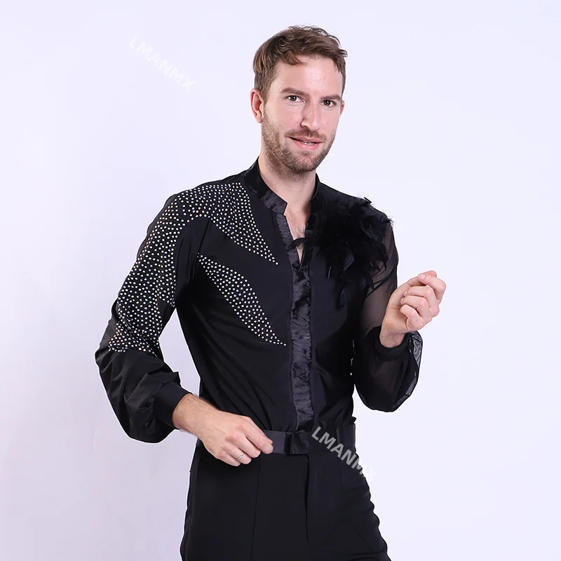 Latin Dance Shirts Men Rhinestone Net Yarn Long Sleeve Competition Men's Dance Top Rumba Samba Dancewear Mens