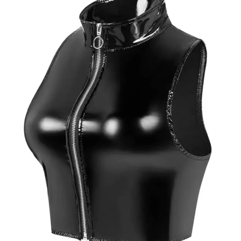 KNOW DREAM PVC Bustier Tank Top Shiny PU Leather Crop Tops Sleeveless Zipper Vest Tights Sexy Clubwear Croptop Cropped