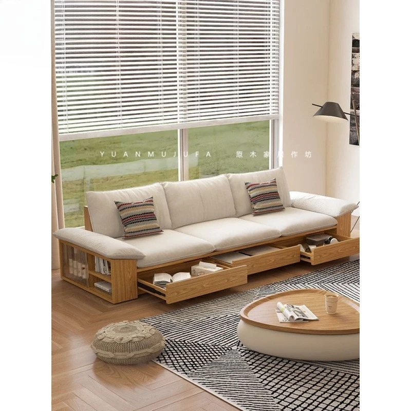 Primary color new Chinese solid wood sofa small apartment living room Nordic simple storage platform removable and washable fabr