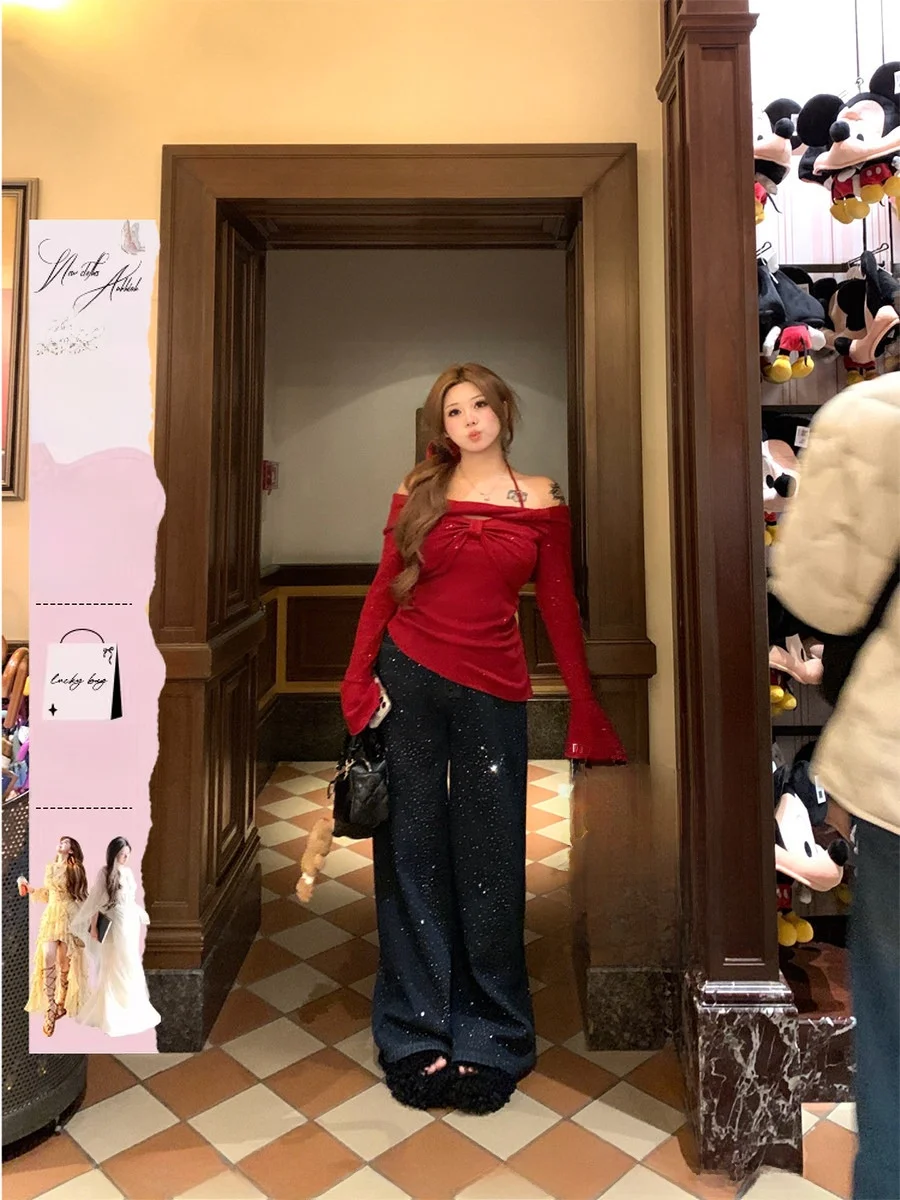 

Annie Non-Fire Glittering Fce-Lined Loose Women's Jeans Sparkling Diamond Wide Leg Denim Pants Slimming Effect Casual Sle