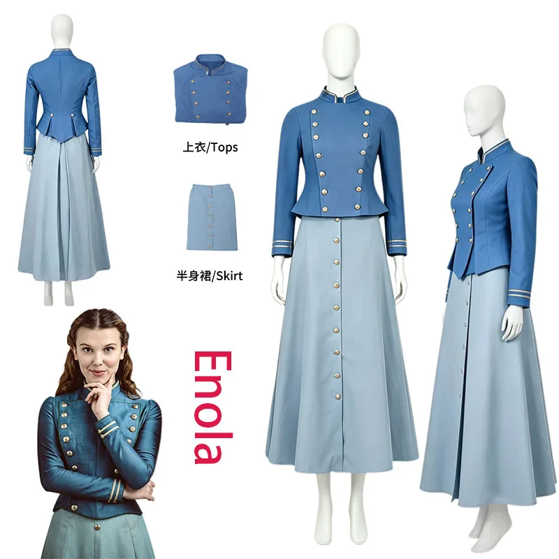 WHH Movie Enola Cosplay Costume Holmes Women Vintage Long Sleeve Military Jacket Skirt Outfit Blue Double Breasted Victorian