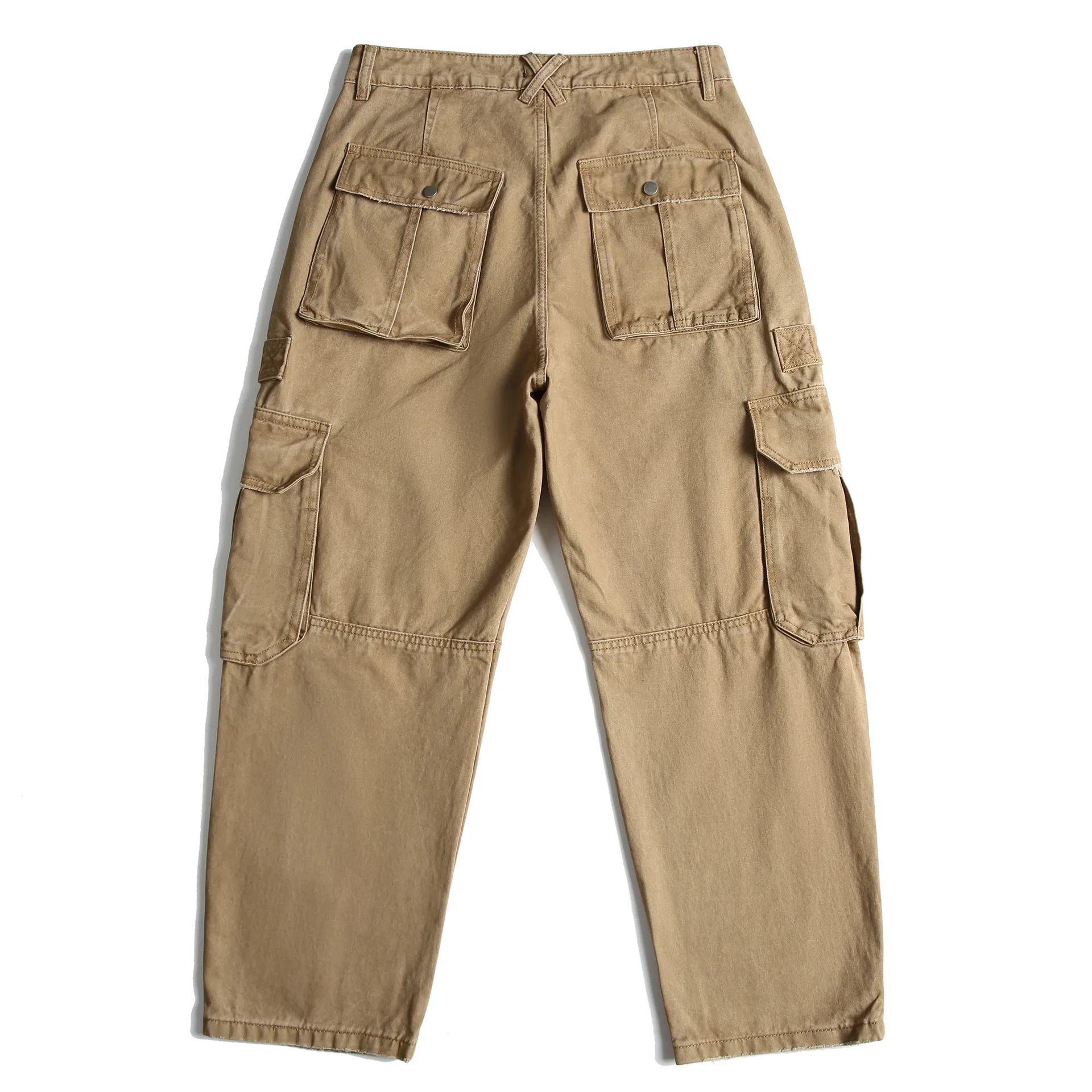 Japanese Retro Amekaji Multi-pocket Cargo Pants 100% Cotton Unisex Loose Straight Washed Distressed Frayed-edge Casual Pants