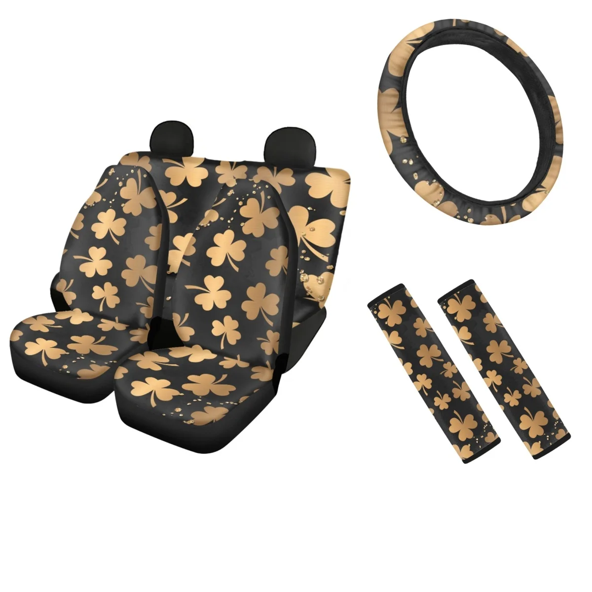 

Golden Clover Design Car Seat Cover Set 4pcs Vehicle Steering Wheel Protect Covers Easy Installation Shoulder Strap Pads Decor