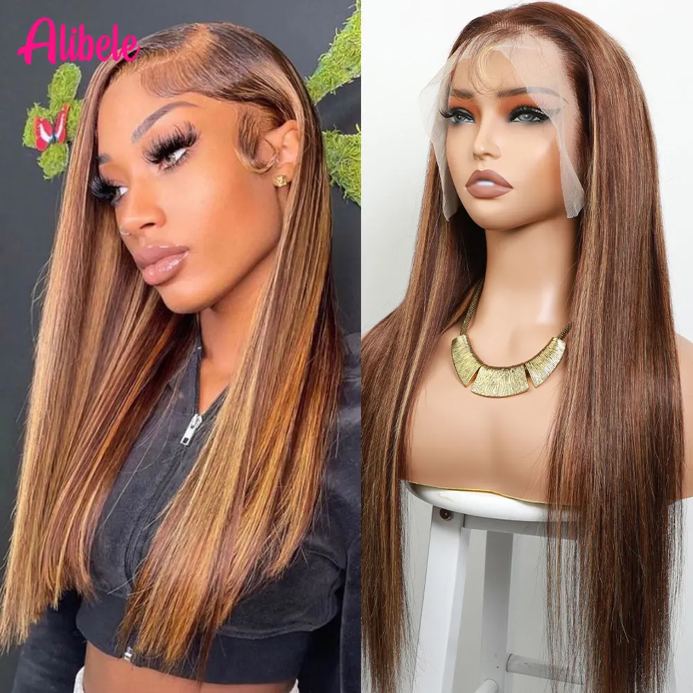 

Ombre Colored Wig Alibele P4/27 Highlight Lace Frontal Wig Human Hair 13x4 Transparent Lace Front Wig For Women 12A Remy 30 Inch