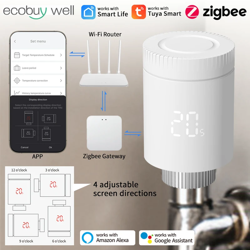 

Tuya ZigBee 3,0 термостат, привод радиатора, умный контроллер термостатического клапана TRV, работает с Alexa Google Home Alice