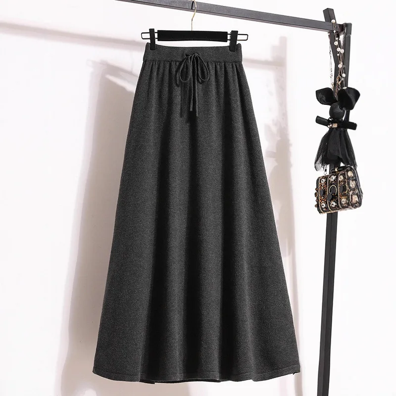 QICHE 2026 Autumn Winter Women Draped Knit Solid A‑Line Skirt Lazy Drawstring Mid‑Length High Waist Umbrella Skirt