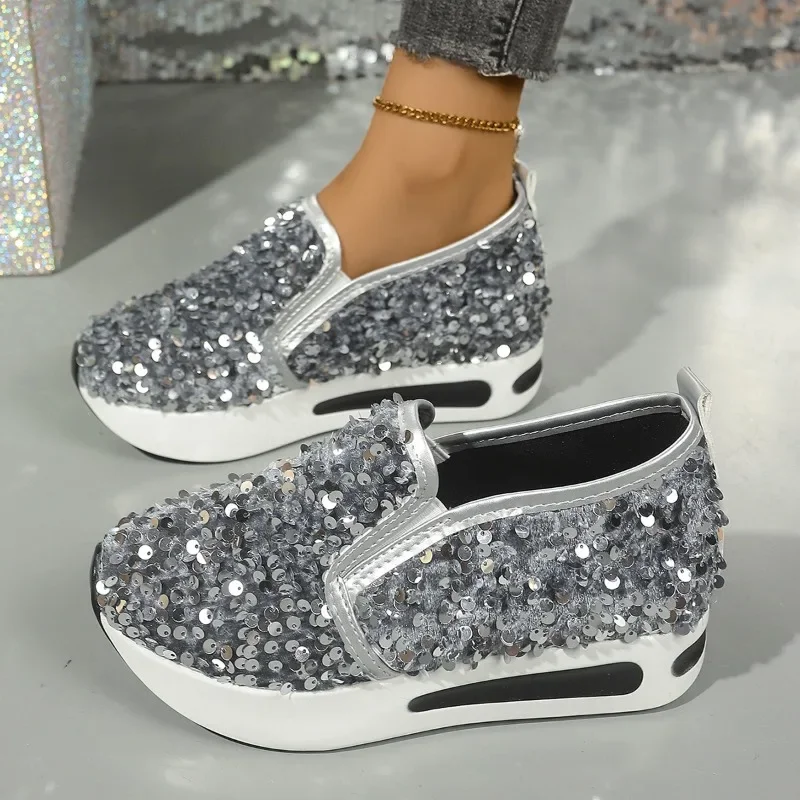 2024 sapatos femininos ao ar livre deslizamento em sapatos vulcanizados femininos plus size tênis bling dedo do pé redondo plataforma senhoras sapatos casuais