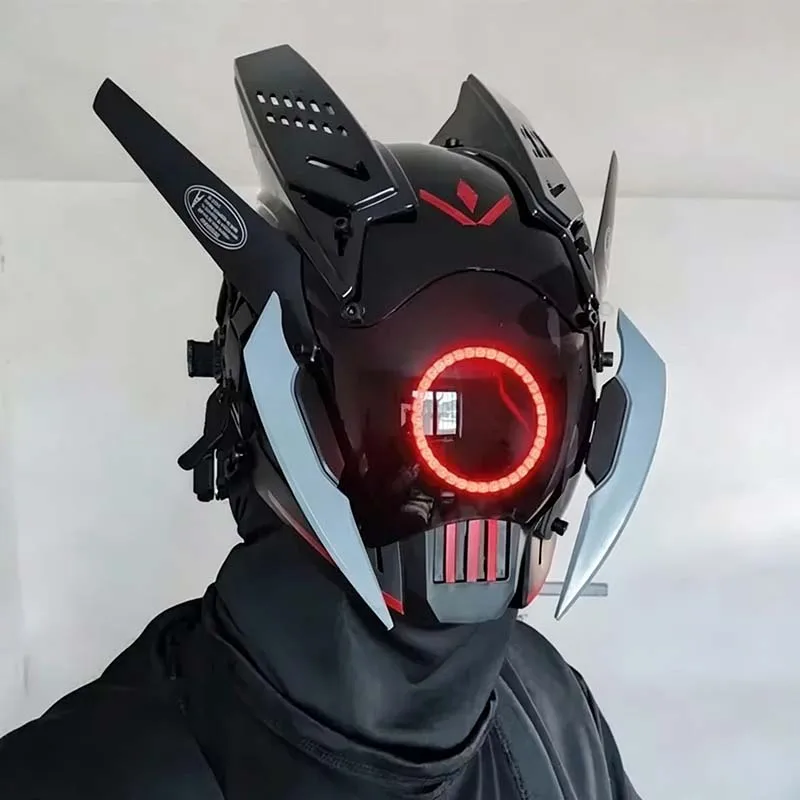 Cyber Punk Mask Halloween Cosplay Costumes Sci-Fi Mech Samurai Mask With LED Circle Light Helmet Party Bar Coser Props Gift