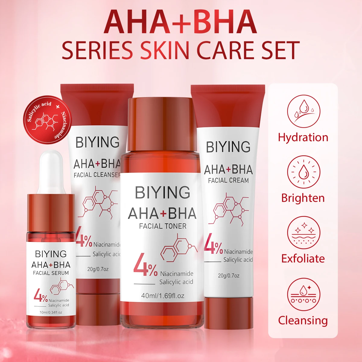 AHA+BHA Series Skincare Mini Set Facial Cleanser Cream  Serum Toner Moisturiser Hydrating Skin