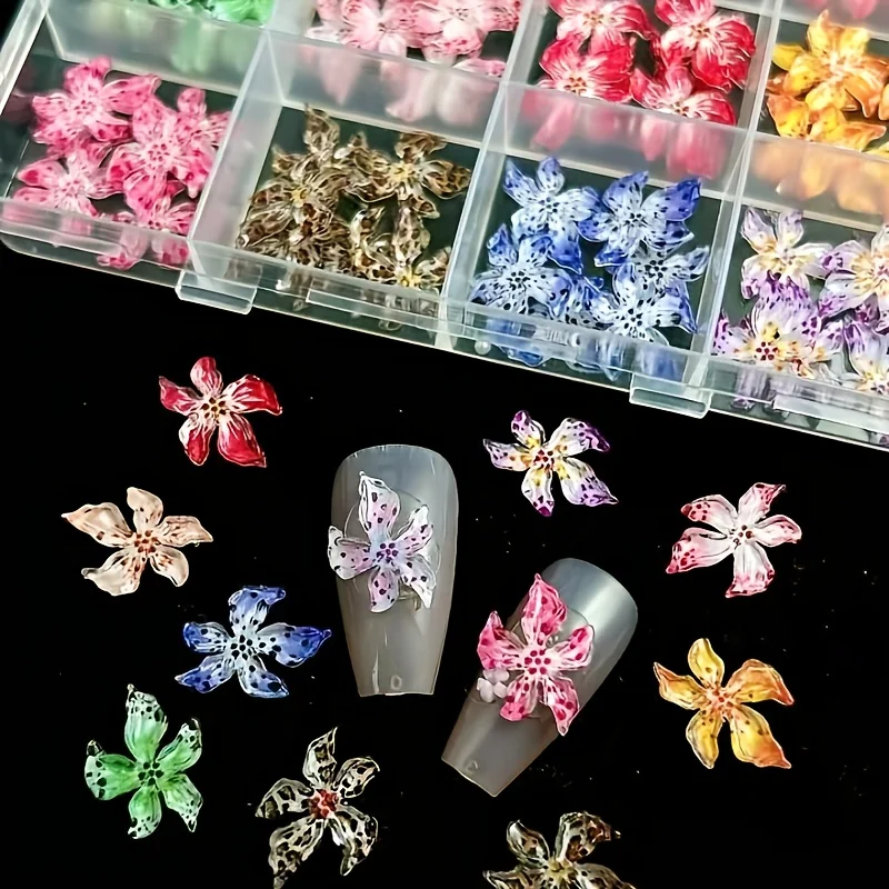 12 Grids Assorted ABS Leopard Print Flowers Nail Charms Y2K Gradient Polka Dot Flowers Nail Art Accessories DIYAssorted ABS Le 2