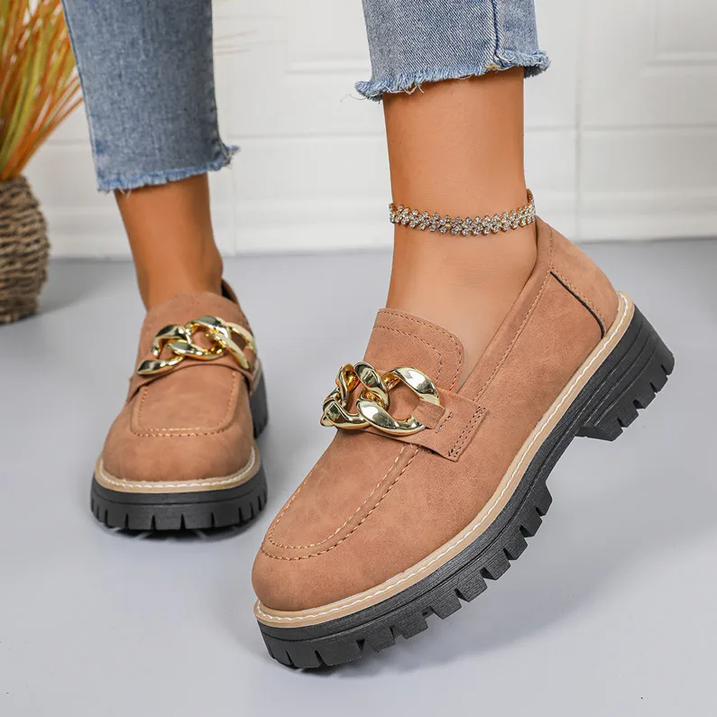 

2025 new style fashionable large-sized round-toed thick-soled low-top chunky heel casual metal chain ankle shoes