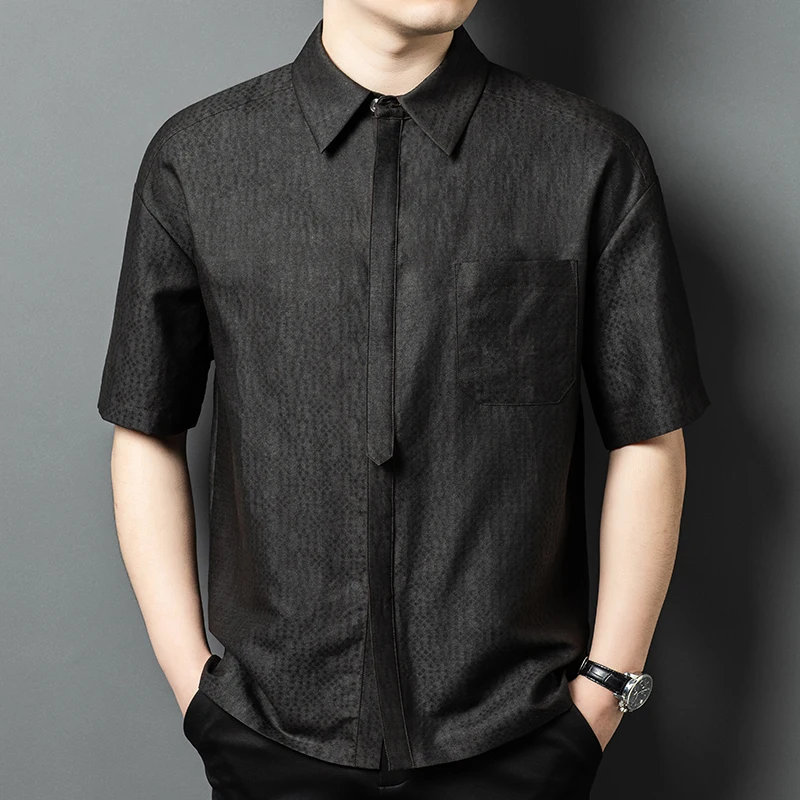 

Cotton&Silk Blends High-End Shirts For Men Short Sleeve Jacquard Summer Quality Covered Button Pocket Coolness Camisas De Hombre