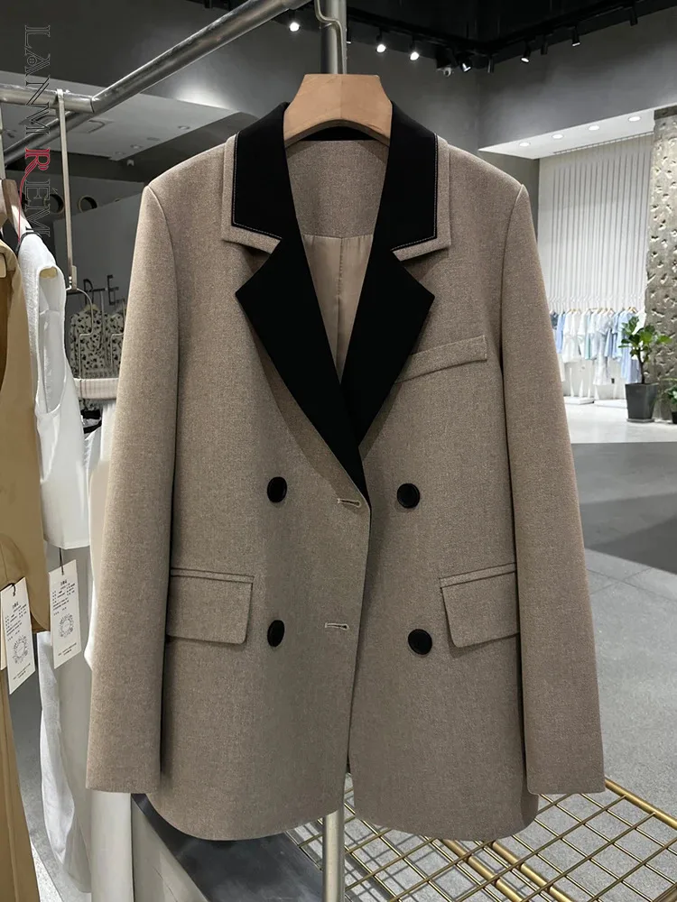 LANMREM Grey Blazers For Women 2024 New Contrasting Color Patchwork Suit Jacket Double Breasted Chic Coat Office Lady 2DA5202