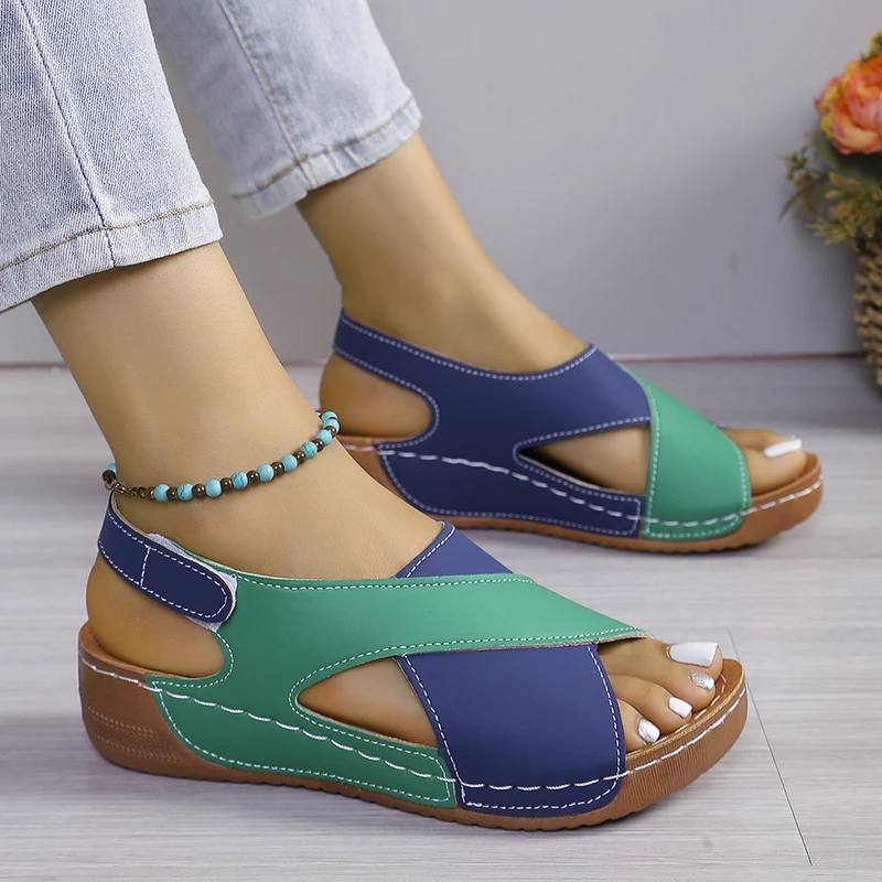 Summer Peep Toe Non Slip Beach Shoes Woman Comfortable Platform Roman Sandalias Mujer New Women's Contrast Color Wedge Sandals