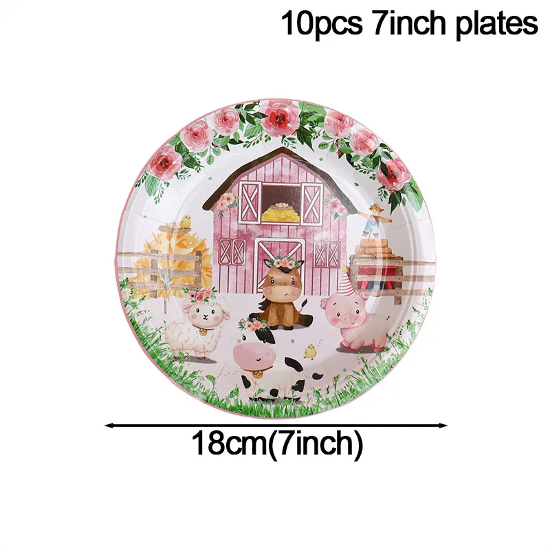 Rosa Bauernhof Tiere Geburtstag Dekor Einweg Geschirr Set Papier Banner Blumen Teller Baby Dusche Mädchen Geburtstag Party Dekorationen – Detail 6