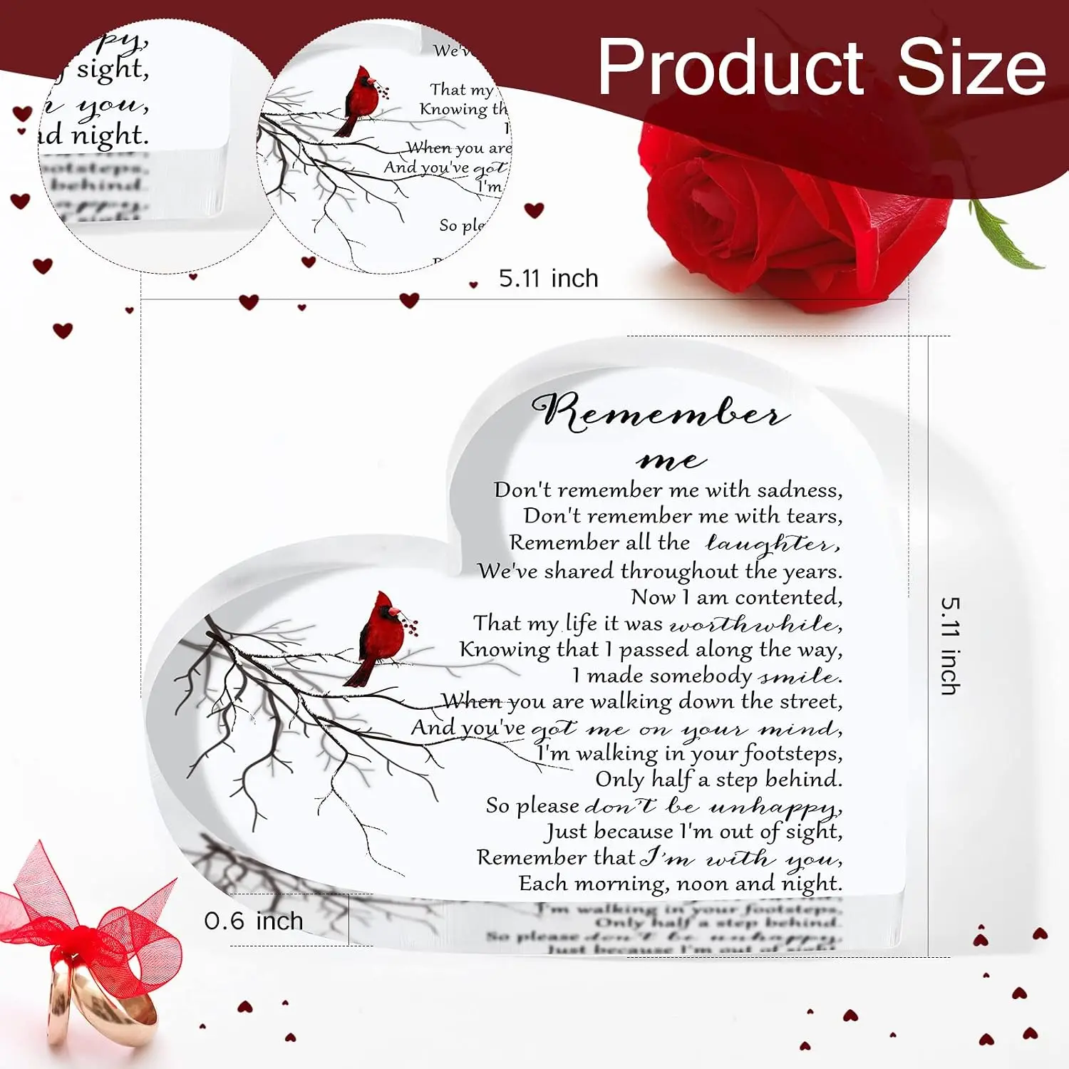 Red Cardinal On Frosted Twig Heart‑Shaped Acrylic Sign, Remembrance Poem Bereavement Grief Comfort Desktop Ornament