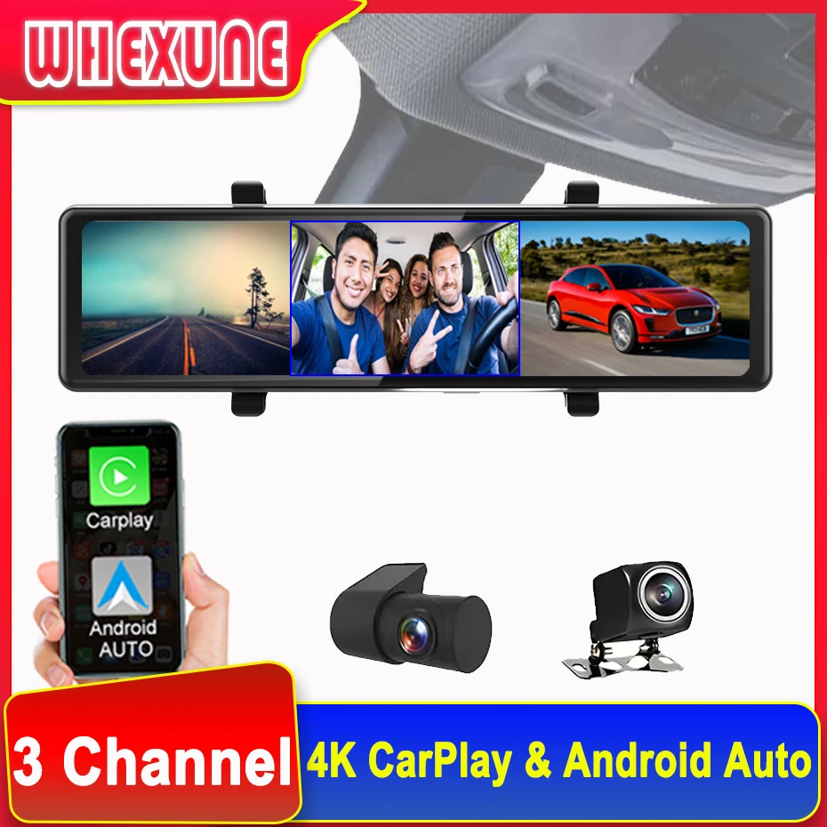 Car Rearview Mirror DVR 12 Inch Dash Cam Apple Carplay Video Recorder WIFI Android Auto 3 Lens Cameras 2.5K+1080P GPS Navigation