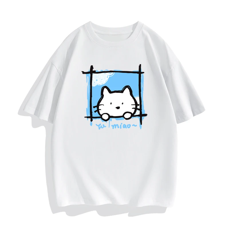 Climbing the window curious kitten t-shirt 2024 new Korean version trendy summer women's cute loose T-shirt