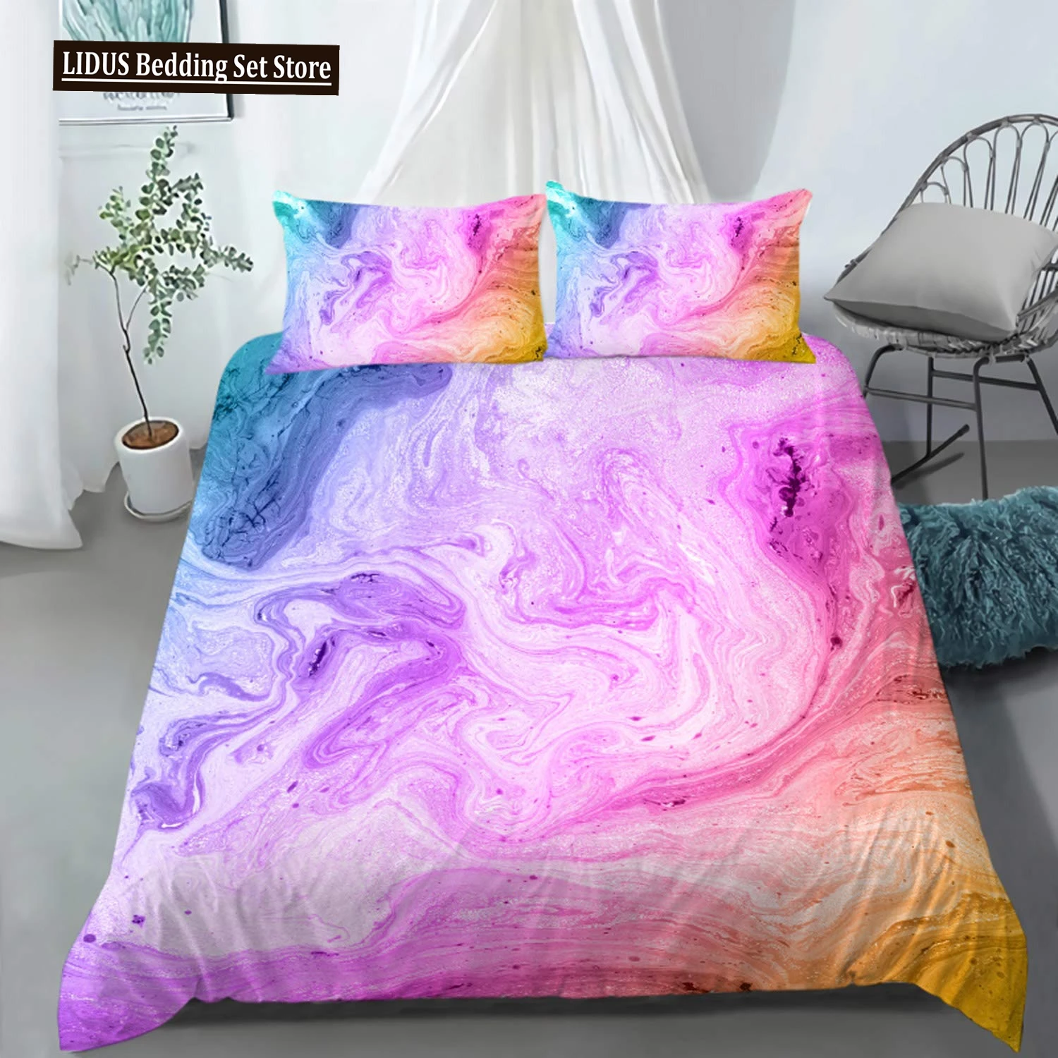 Colorful Marble Duvet Cover Set Tie Dye Bedding Set Teen Girl Bedding Watercolor Pastel Marble Abstract Girly Comforter Cover