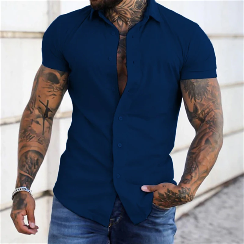 Short sleeved lapel shirt elastic thin solid color sports casual cardigan business no iron shirt oversized xs-4xl