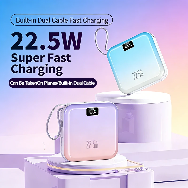 Mini banco de energía ultradelgado de 20.000 mAh con cable incorporado y carga súper rápida: diseño de color degradado